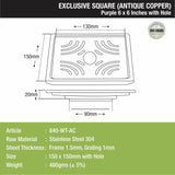 Purple Exclusive Square Floor Drain in Antique Copper PVD Coating (6 x 6 Inches) with Hole - LIPKA