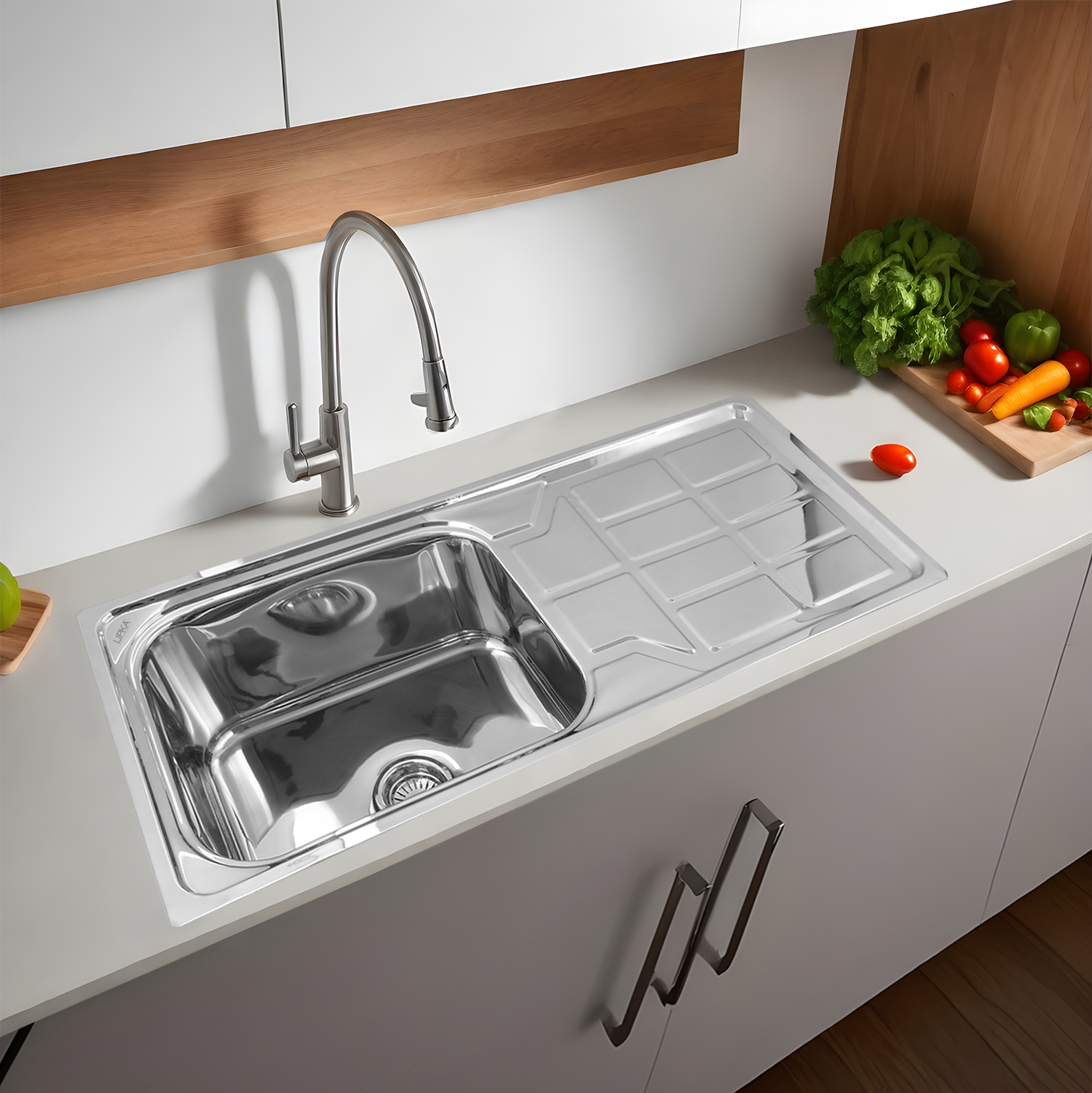 Round Single Bowl Kitchen Sink with Drainboard (45 x 20 x 9 Inches) - LIPKA