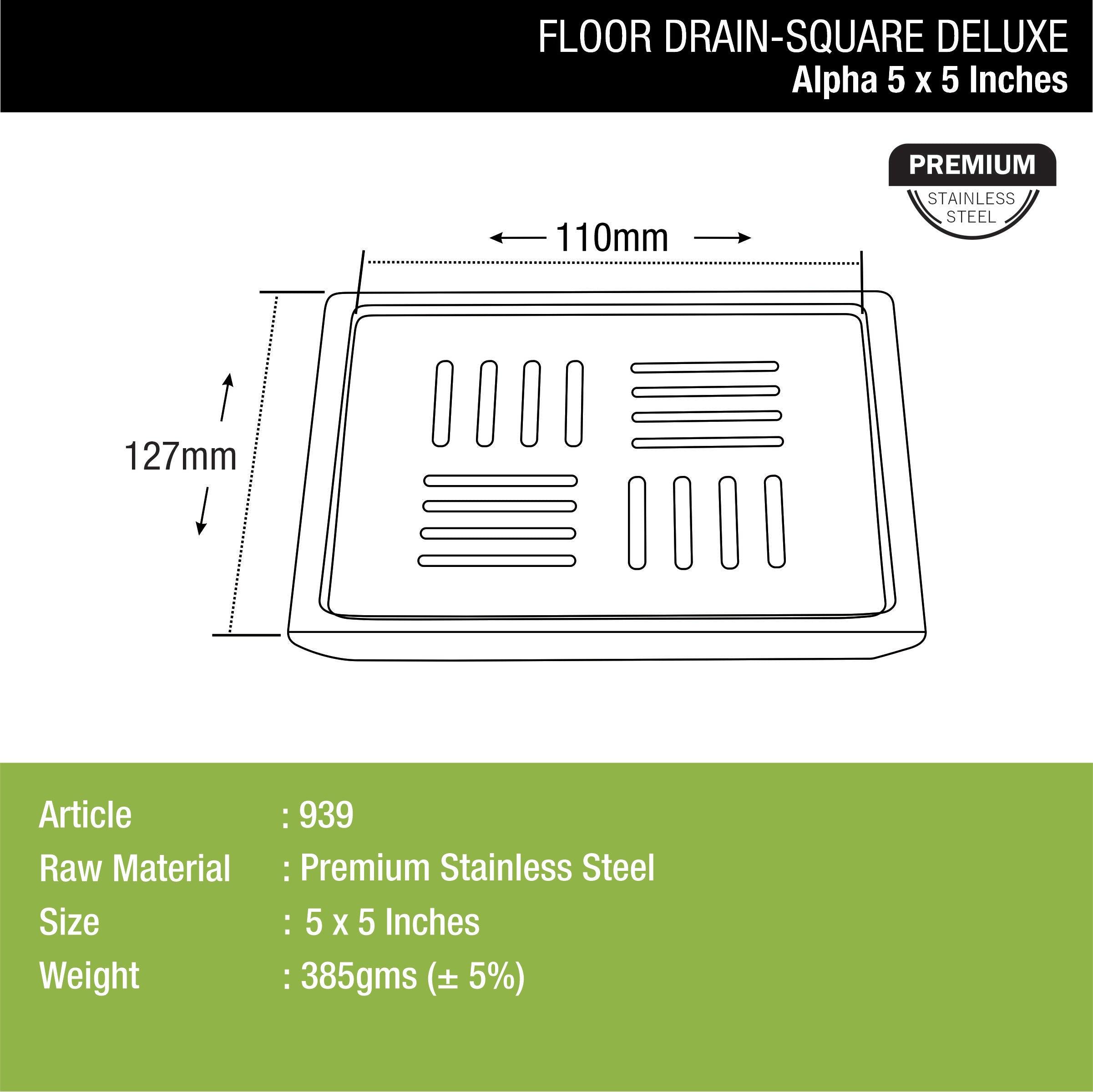 Alpha Deluxe Square Floor Drain (5 x 5 Inches) dimensions and sizes