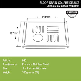 Alpha Deluxe Square Floor Drain (5 x 5 Inches) with Hole - LIPKA - Lipka Home
