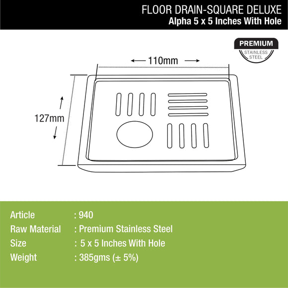 Alpha Deluxe Square Floor Drain (5 x 5 Inches) with Hole - LIPKA - Lipka Home