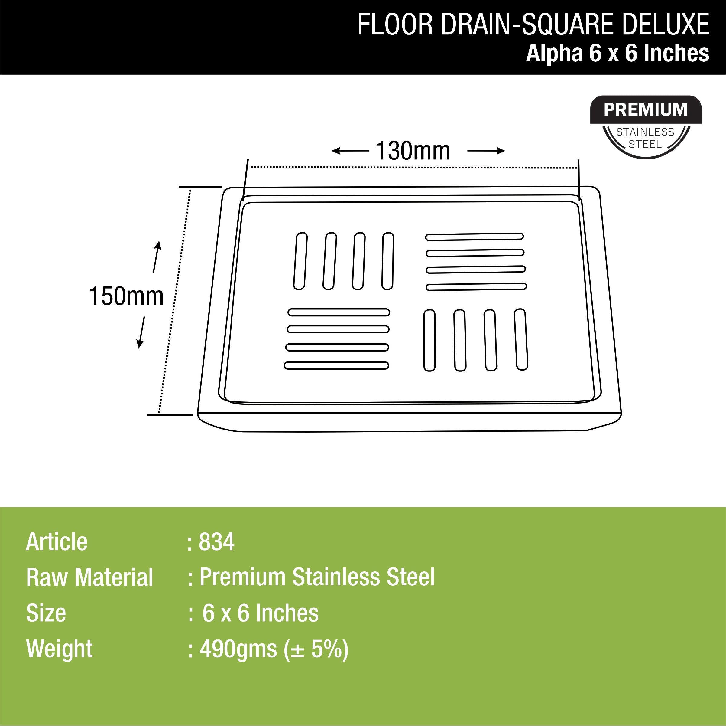 Alpha Deluxe Square Floor Drain (6 x 6 Inches) dimensions and sizes
