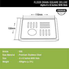 Alpha Deluxe Square Floor Drain (6 x 6 Inches) with Hole - LIPKA - Lipka Home