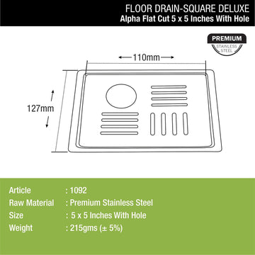 Alpha Deluxe Square Flat Cut Floor Drain (5 x 5 Inches) with Hole - LIPKA - Lipka Home