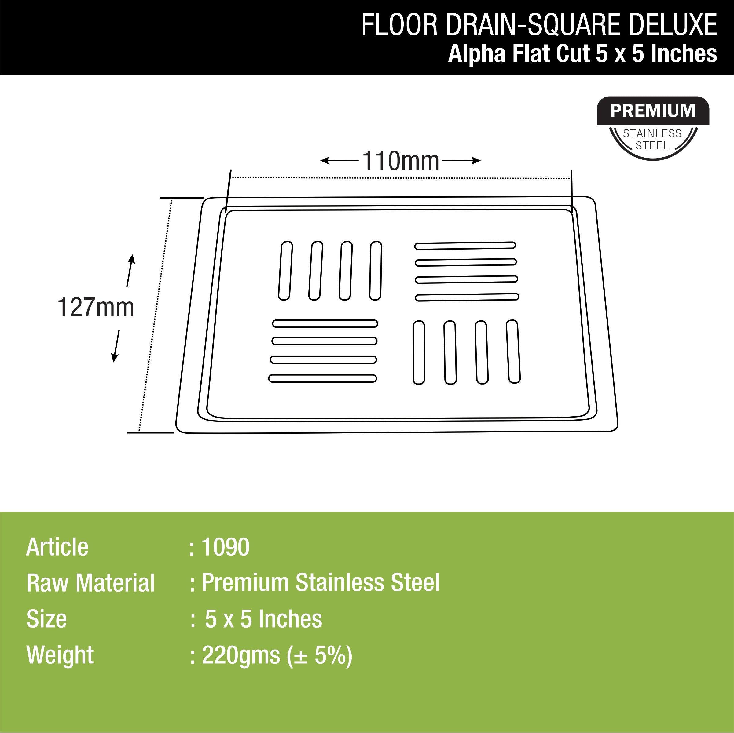 Alpha Deluxe Square Flat Cut Floor Drain (5 x 5 Inches) dimensions and sizes