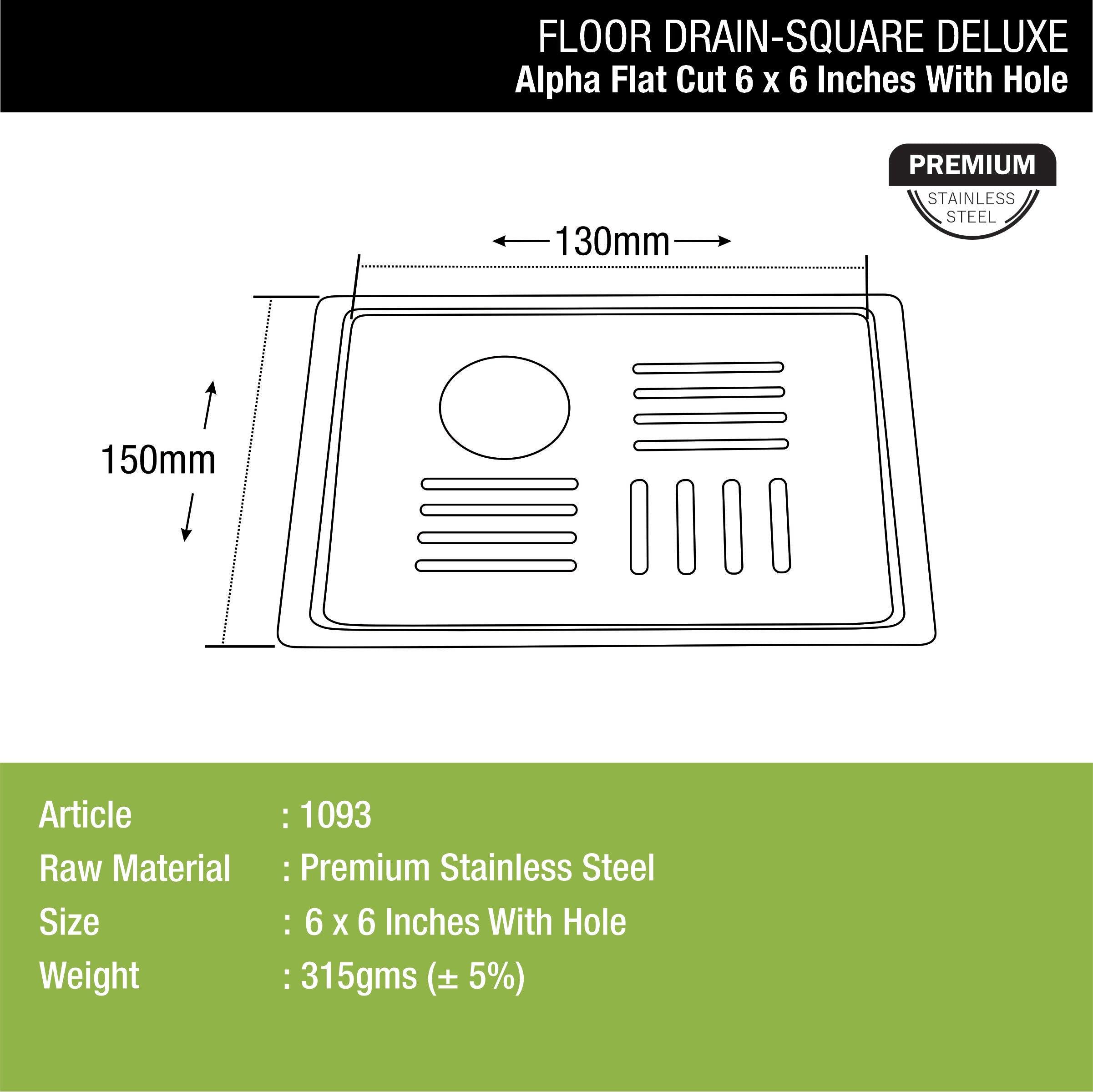 Alpha Deluxe Square Flat Cut Floor Drain (6 x 6 Inches) with Hole dimensions and sizes