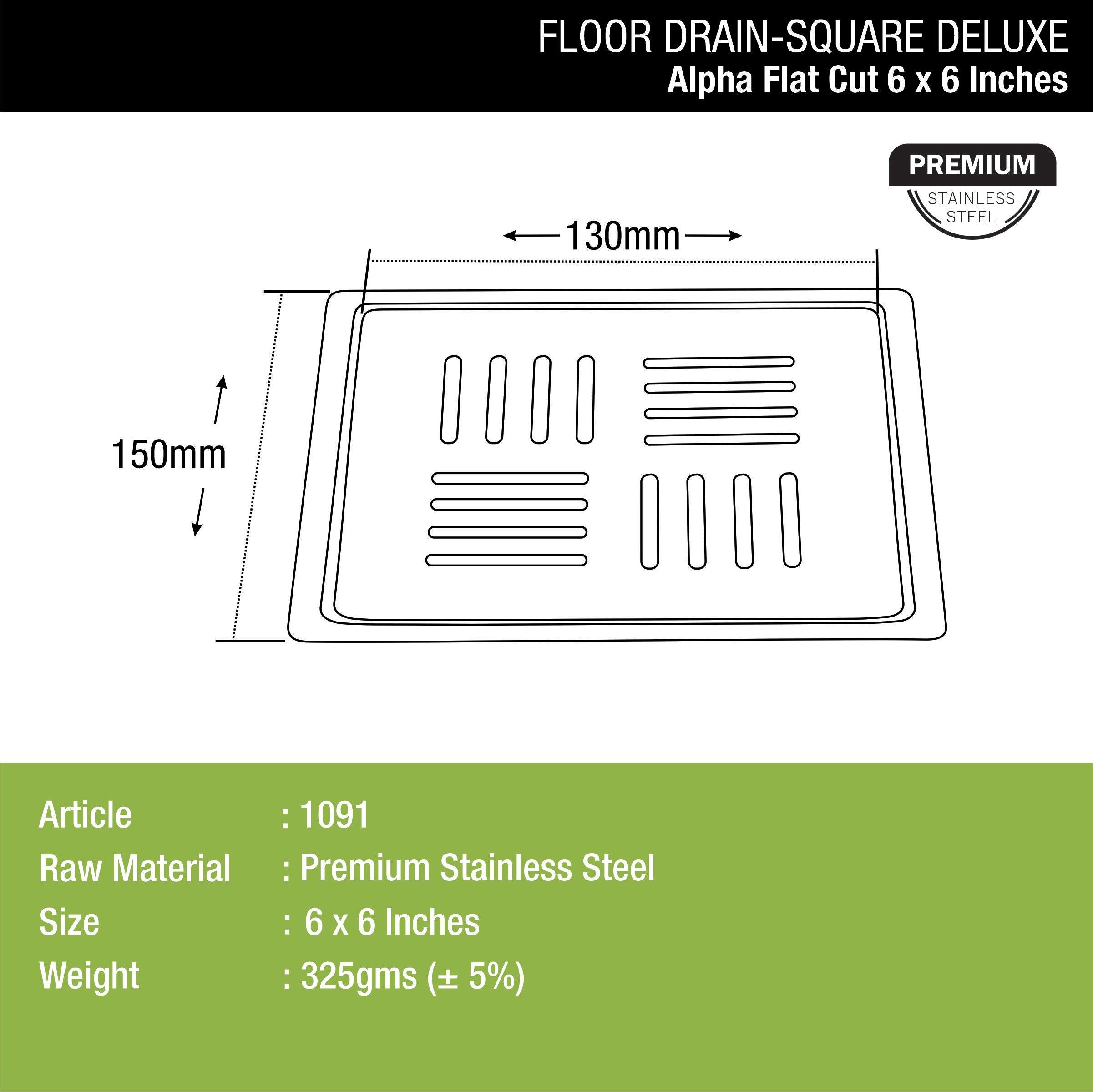 Alpha Deluxe Square Flat Cut Floor Drain (6 x 6 Inches) - LIPKA