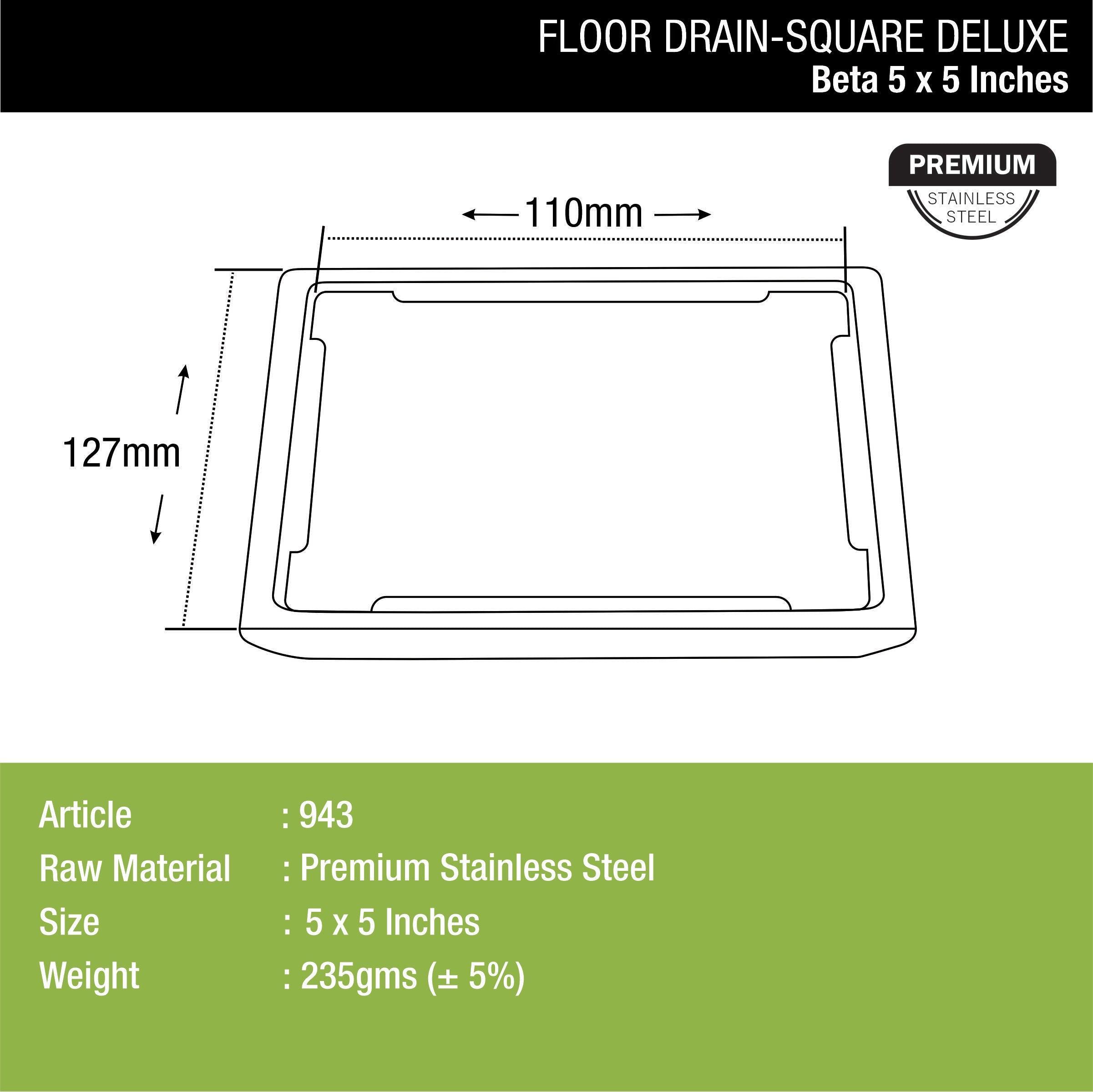 Beta Deluxe Square Floor Drain (5 x 5 Inches) dimensions and sizes
