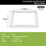 Beta Deluxe Square Floor Drain (5 x 5 Inches) dimensions and sizes
