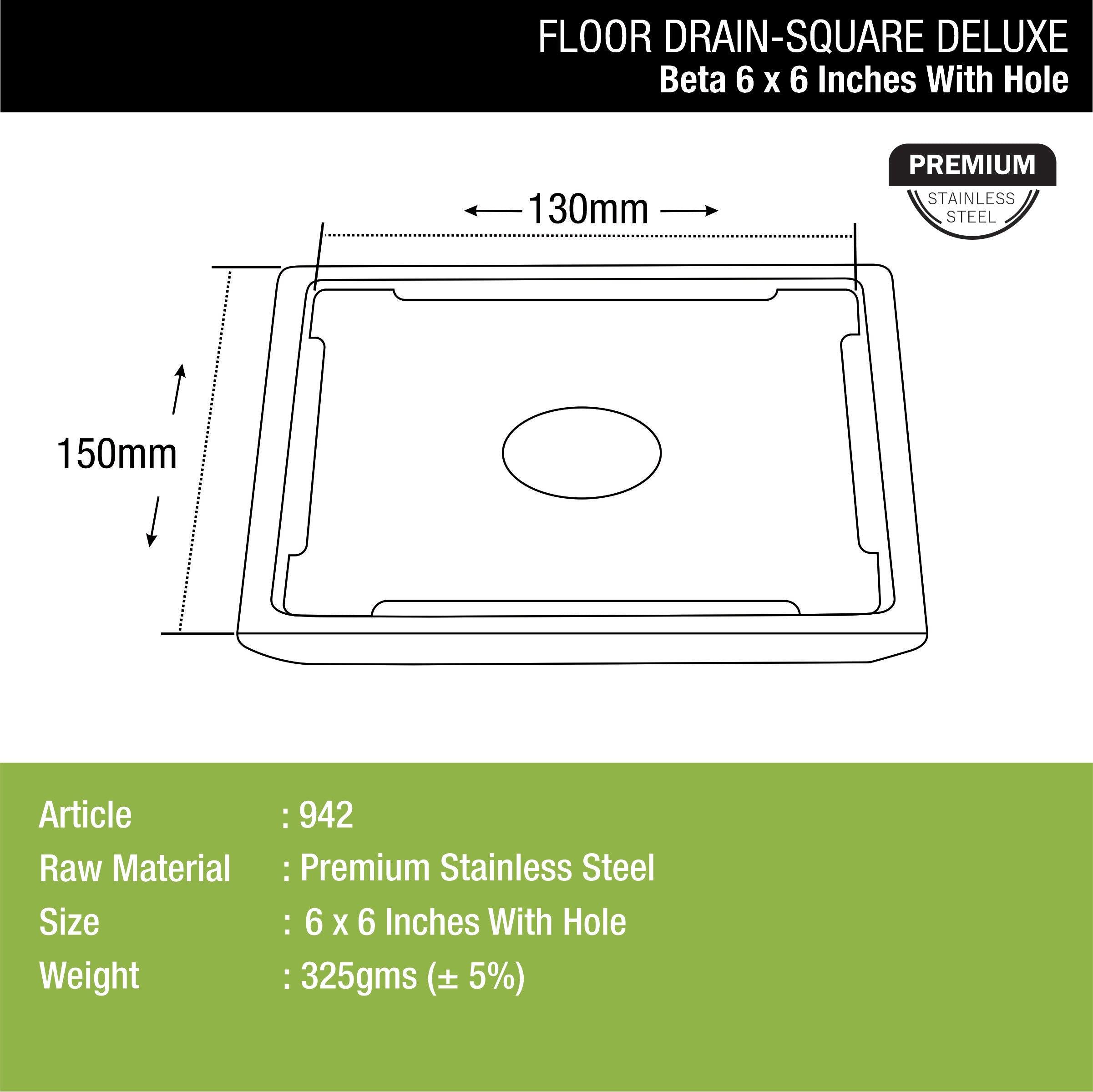 Beta Deluxe Square Floor Drain (6 x 6 Inches) with Hole dimensions and sizes