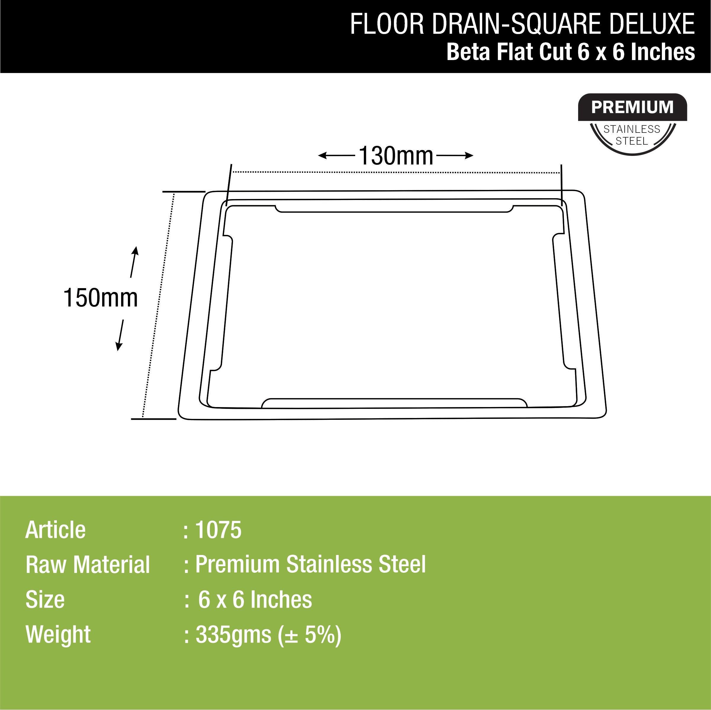 Beta Deluxe Square Flat Cut Floor Drain (6 x 6 Inches) dimensions and sizes