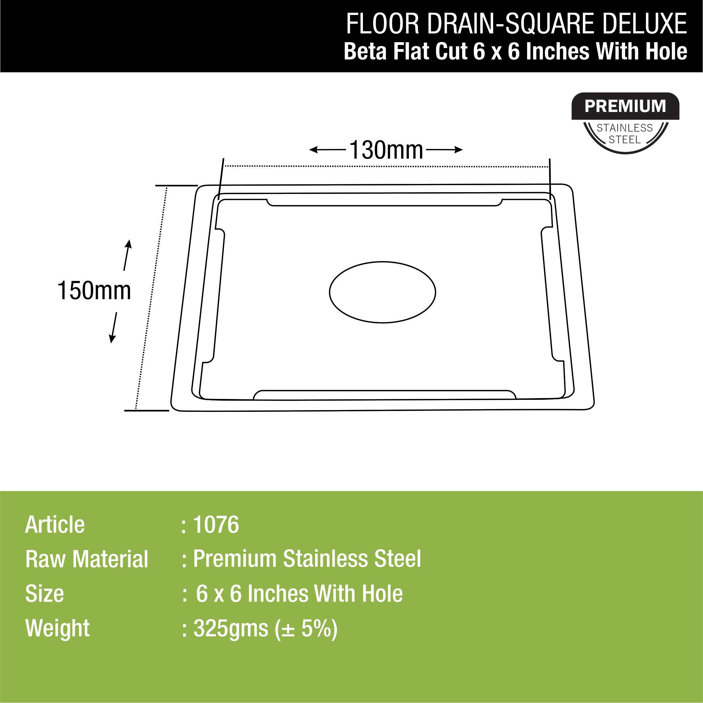 Beta Deluxe Square Flat Cut Floor Drain (6 x 6 Inches) with Hole dimensions and sizes