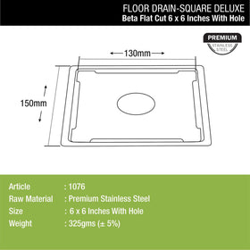 Beta Deluxe Square Flat Cut Floor Drain (6 x 6 Inches) with Hole - LIPKA - Lipka Home