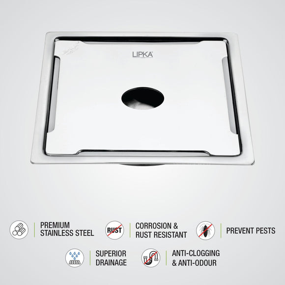 Beta Deluxe Square Flat Cut Floor Drain (6 x 6 Inches) with Hole - LIPKA - Lipka Home