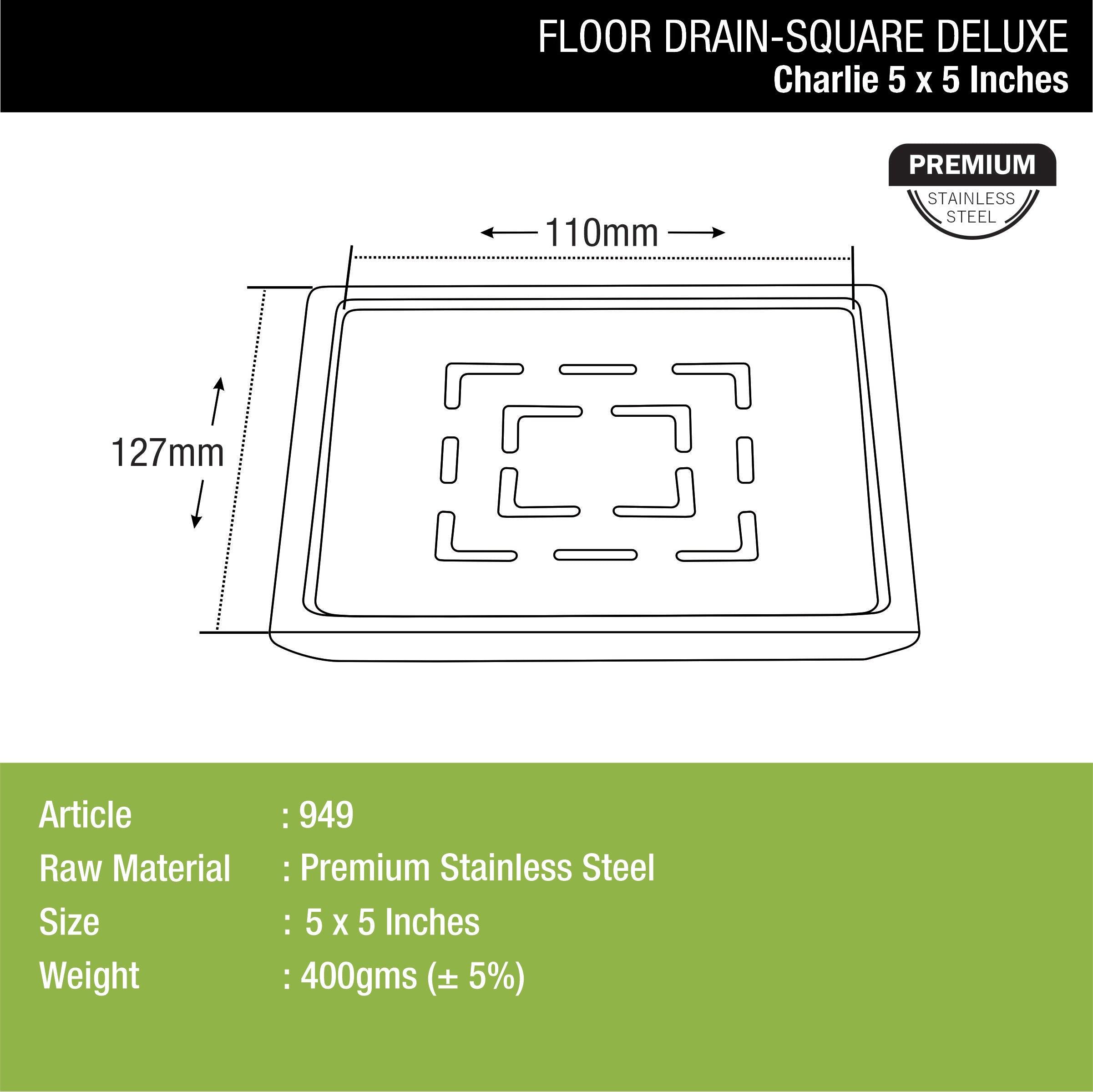 Charlie Deluxe Square Floor Drain (5 x 5) dimensions and sizes