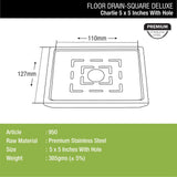 Charlie Deluxe Square Floor Drain (5 x 5) with Hole dimensions and sizes