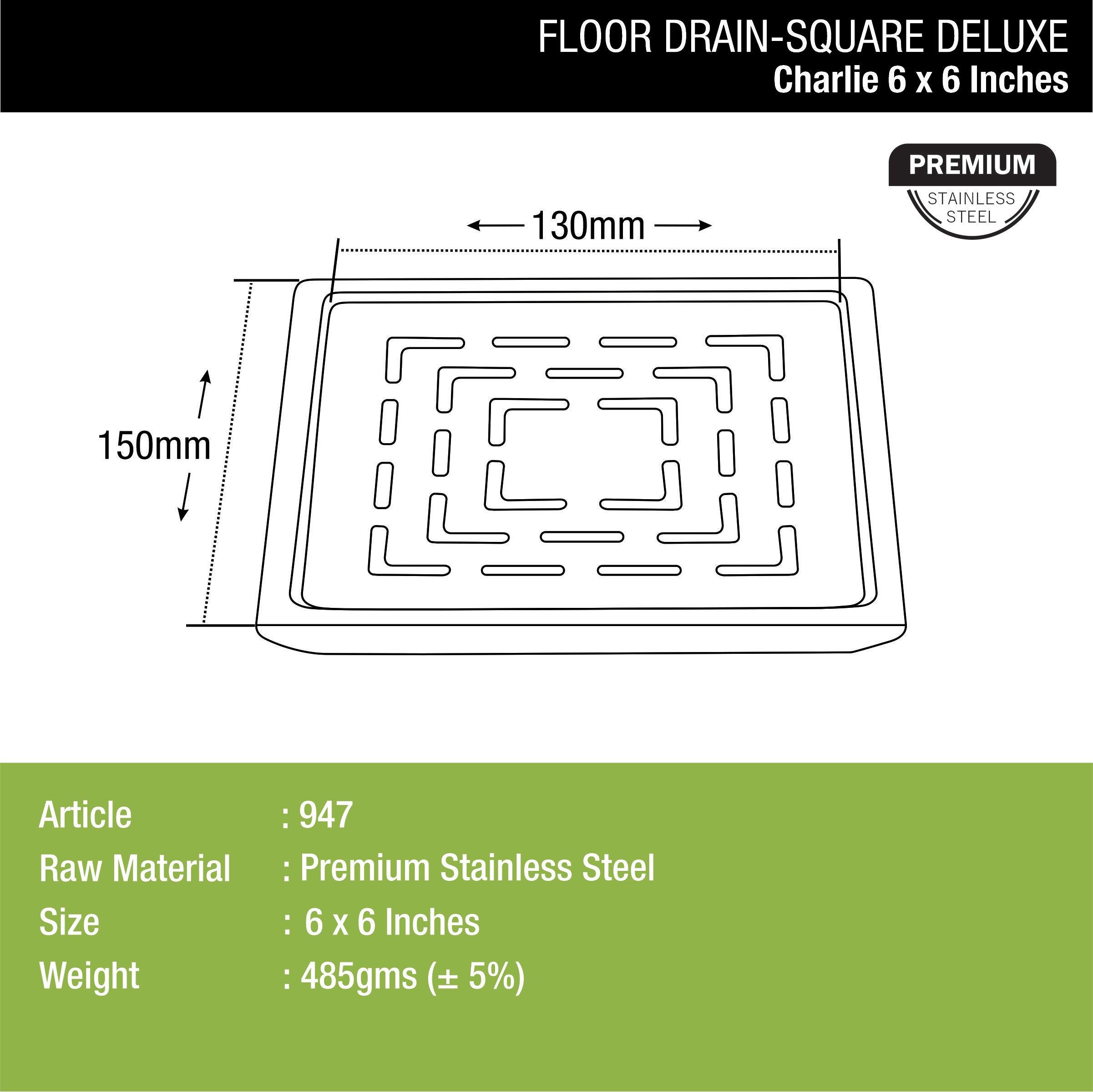 Charlie Deluxe Square Floor Drain (6 x 6 Inches) dimensions and sizes
