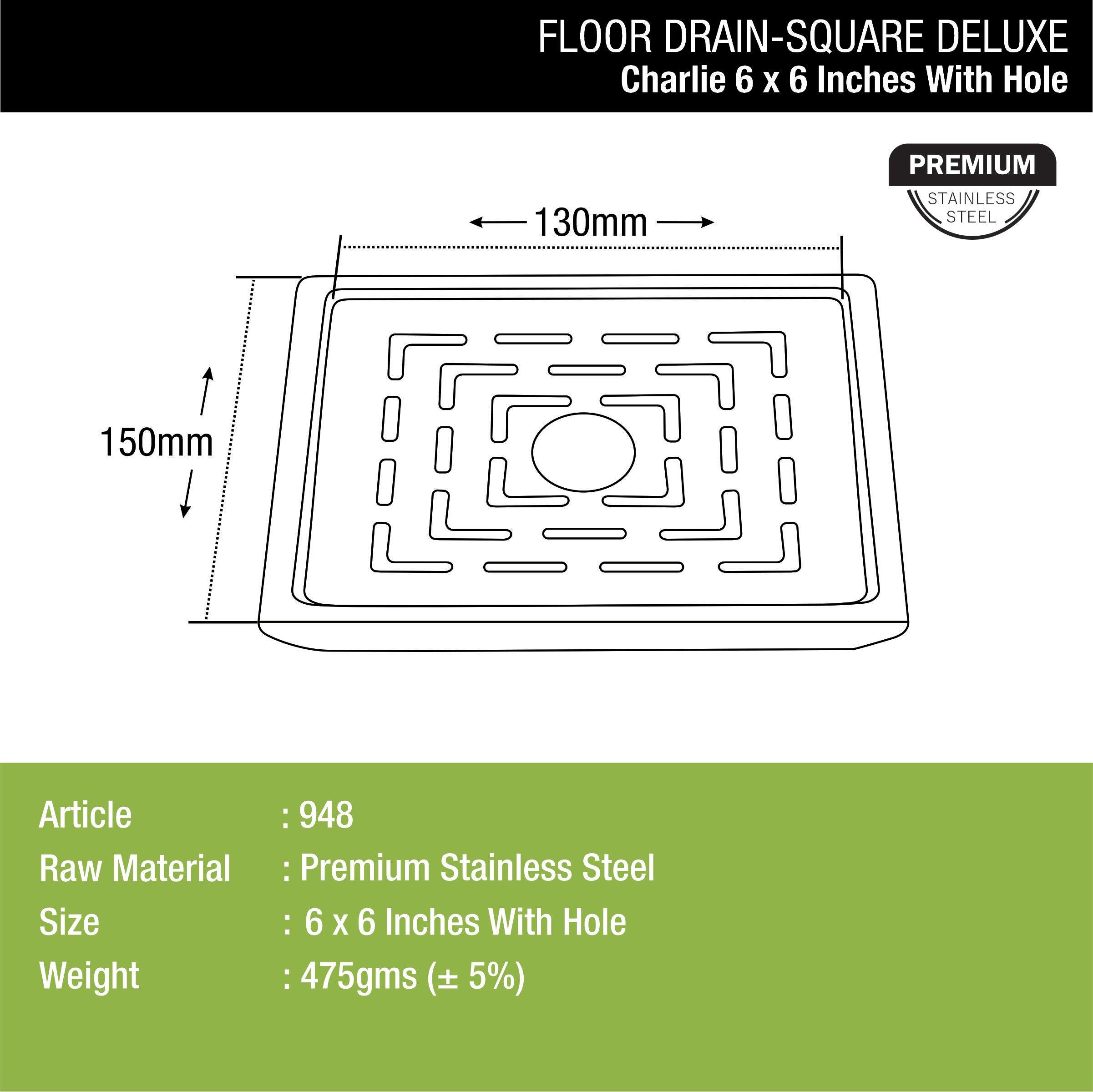 Charlie Deluxe Square Floor Drain (6 x 6 Inches) with Hole dimensions and sizes