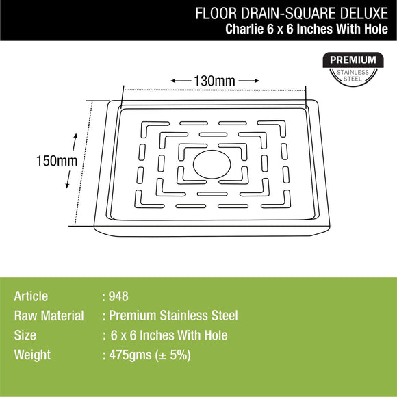 Charlie Deluxe Square Floor Drain (6 x 6 Inches) with Hole - LIPKA - Lipka Home