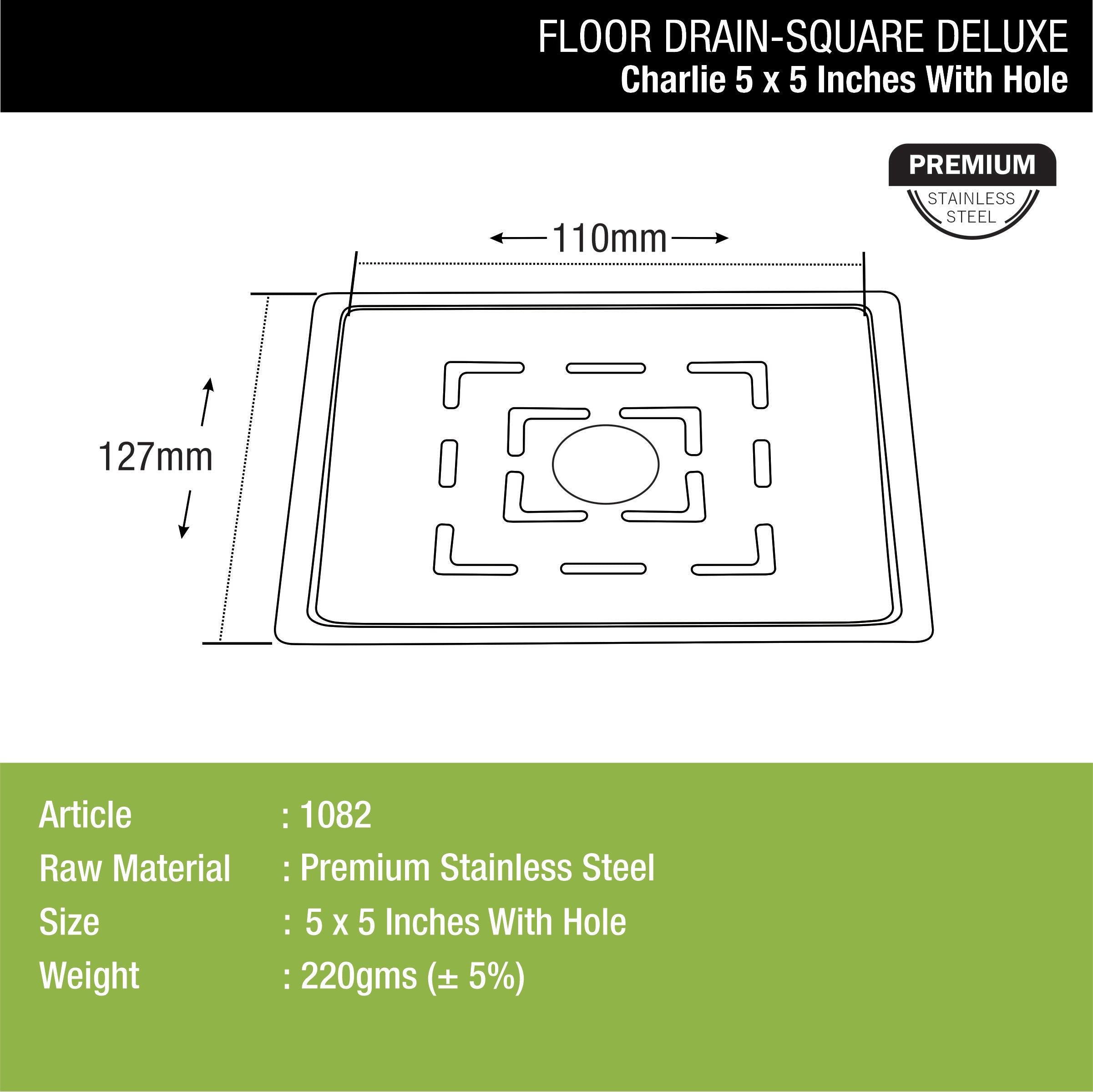 Charlie Deluxe Square Flat Cut Floor Drain (5 x 5 Inches) with Hole dimensions and sizes