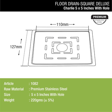 Charlie Deluxe Square Flat Cut Floor Drain (5 x 5 Inches) with Hole - LIPKA - Lipka Home