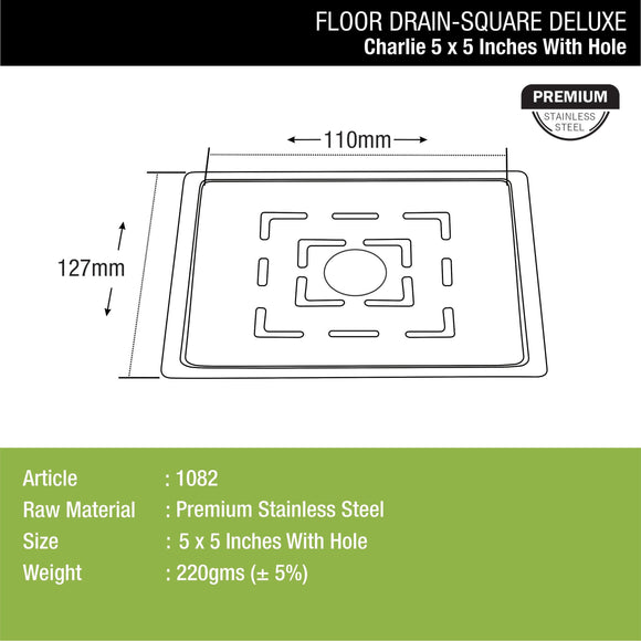Charlie Deluxe Square Flat Cut Floor Drain (5 x 5 Inches) with Hole - LIPKA - Lipka Home