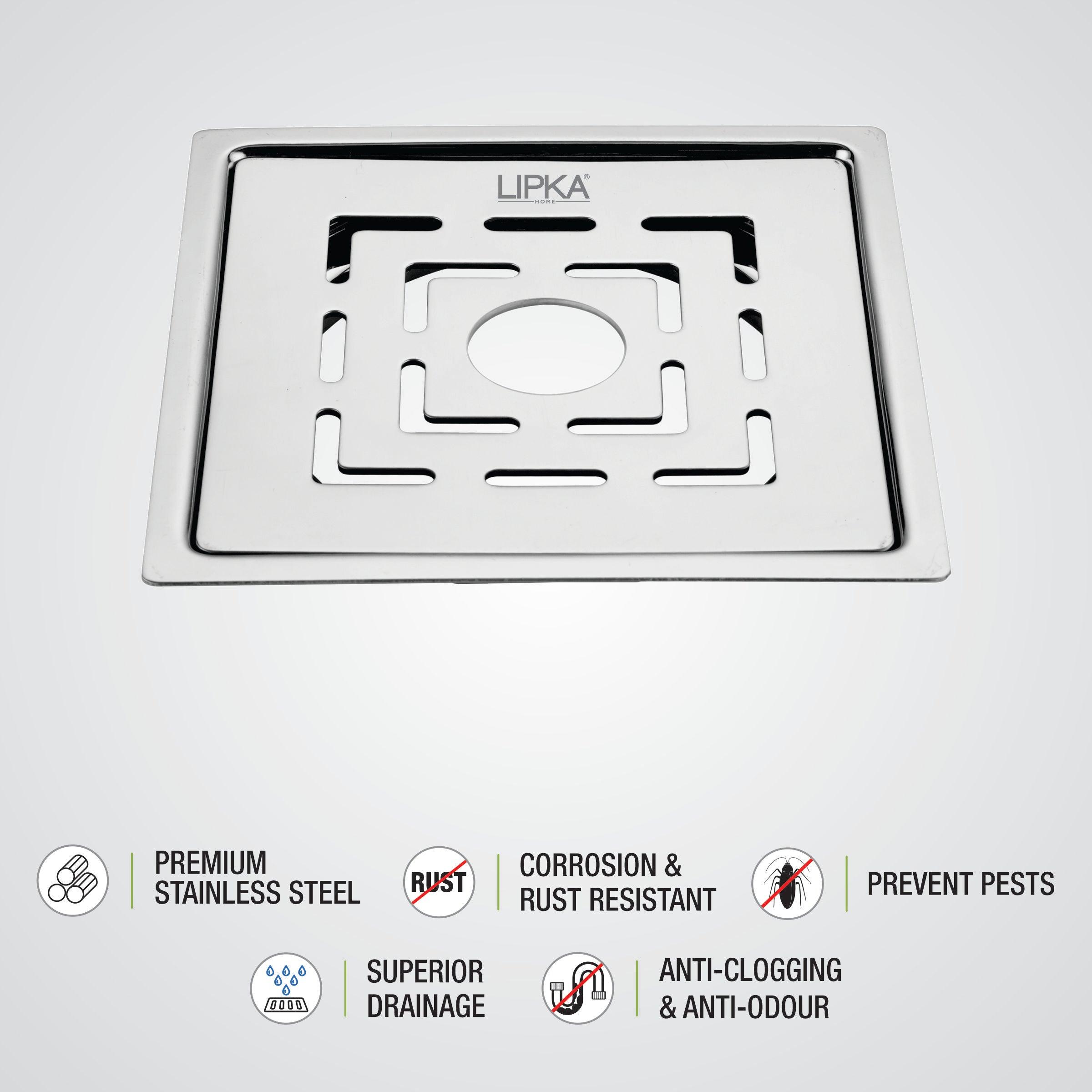 Charlie Deluxe Square Flat Cut Floor Drain (5 x 5 Inches) with Hole features