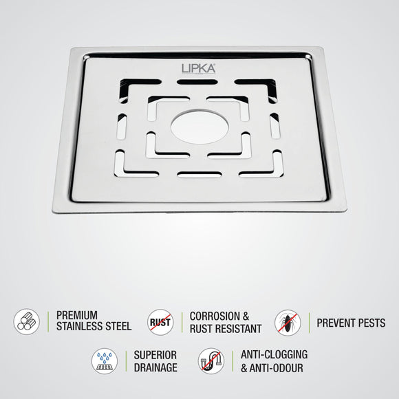 Charlie Deluxe Square Flat Cut Floor Drain (5 x 5 Inches) with Hole - LIPKA - Lipka Home