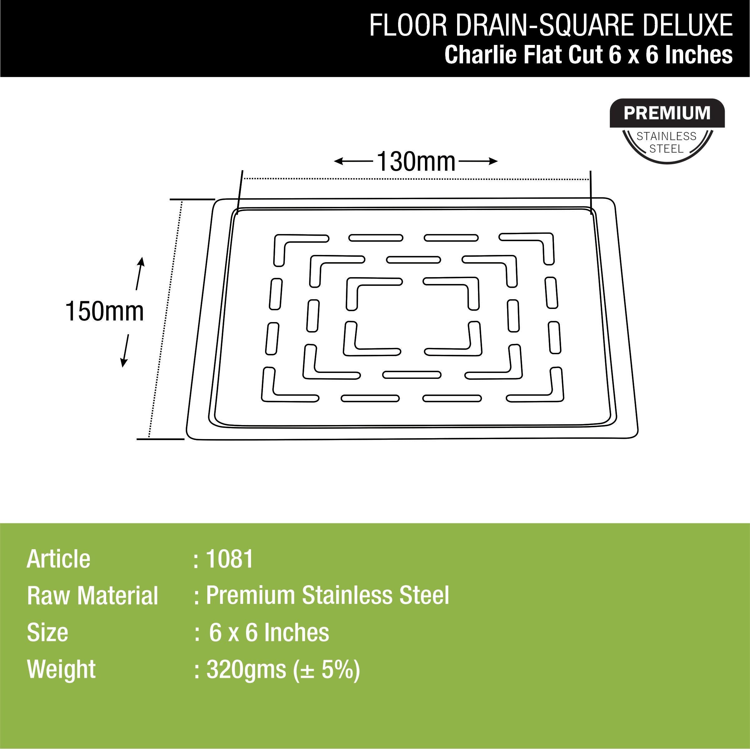 Charlie Deluxe Square Flat Cut Floor Drain (6 x 6) dimensions and sizes