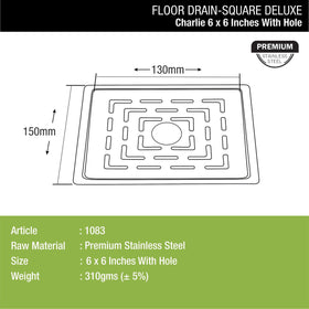 Charlie Deluxe Square Flat Cut Floor Drain (6 x 6 Inches) with Hole - LIPKA - Lipka Home