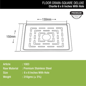 Charlie Deluxe Square Flat Cut Floor Drain (6 x 6 Inches) with Hole - LIPKA - Lipka Home