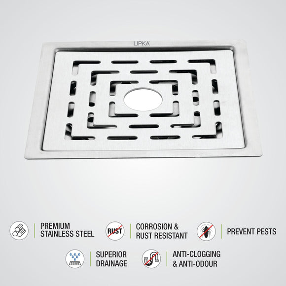 Charlie Deluxe Square Flat Cut Floor Drain (6 x 6 Inches) with Hole - LIPKA - Lipka Home