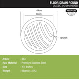 Classic Jali Round Floor Drain (4.5 inches) dimensions and sizes