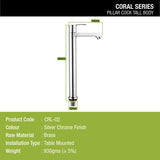 Coral Pillar Tap Tall Body Brass Faucet sizes and dimensions