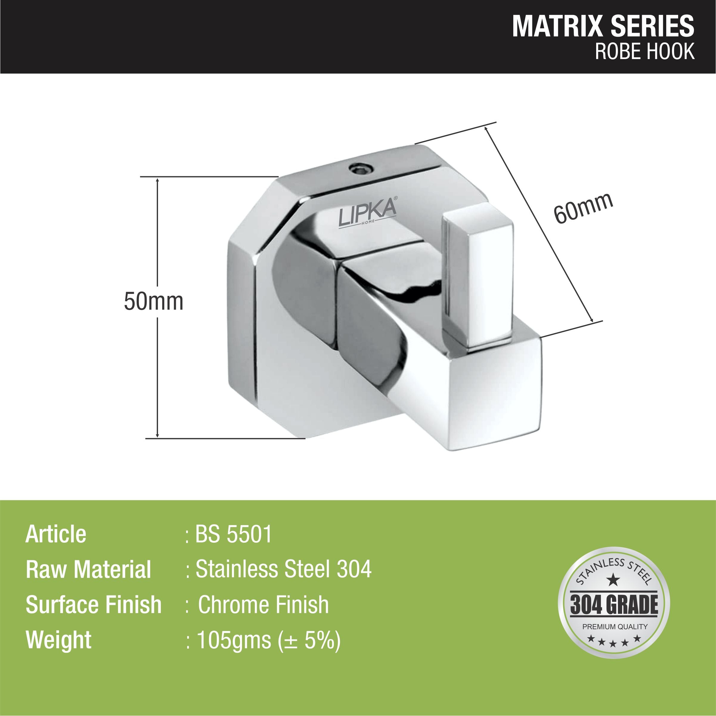 Cuba Robe Hook (304-SS) dimensions and sizes