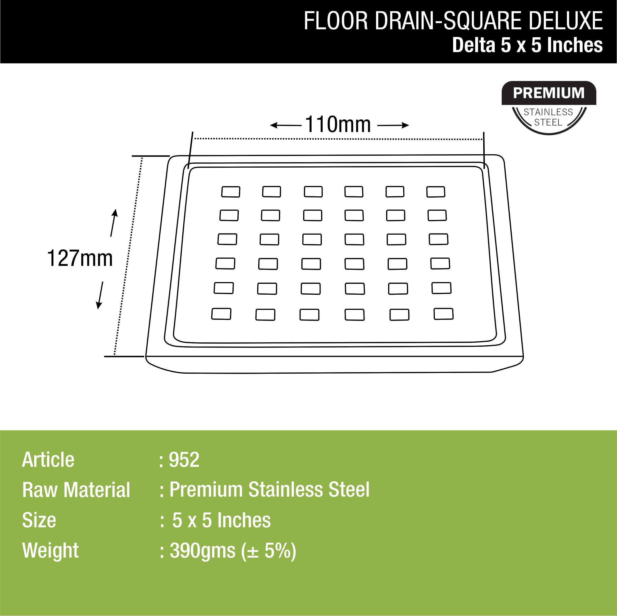 Delta Deluxe Square Floor Drain (5 x 5 Inches) dimensions and sizes