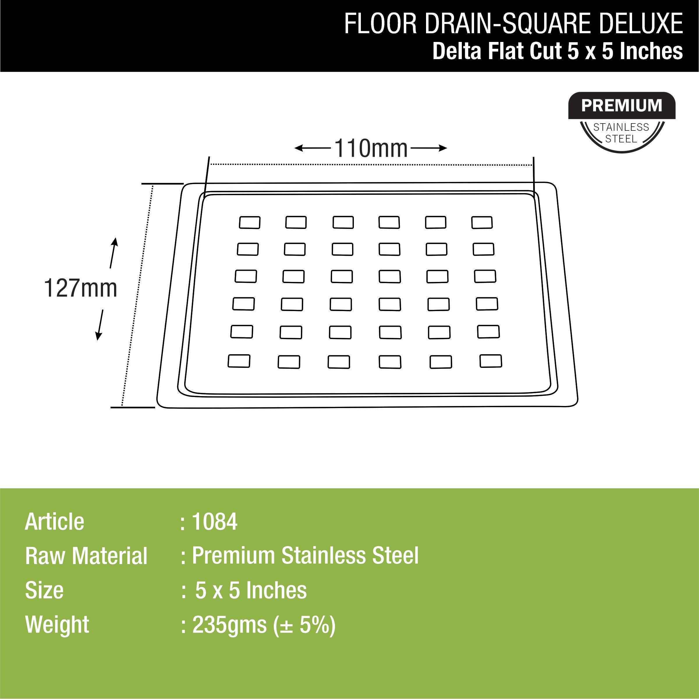 Delta Deluxe Square Flat Cut Floor Drain (5 x 5 Inches) dimensions and sizes