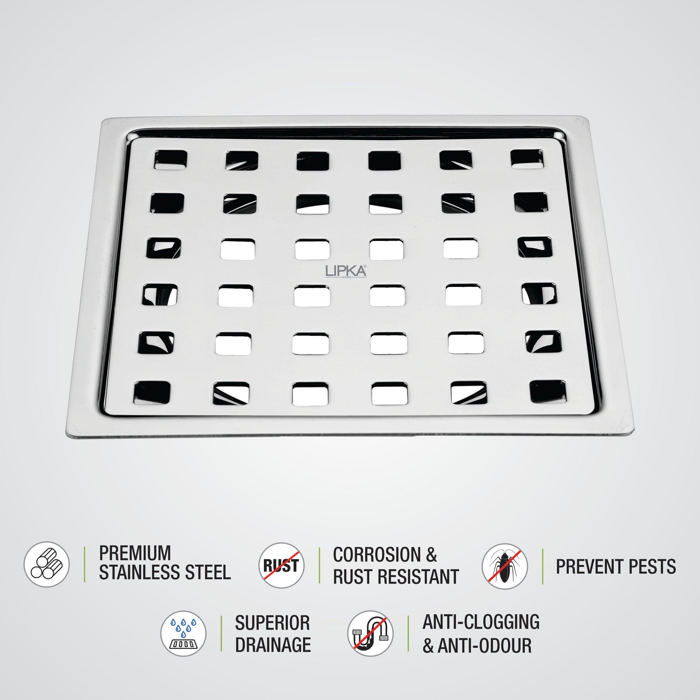 Delta Deluxe Square Flat Cut Floor Drain (5 x 5 Inches) features