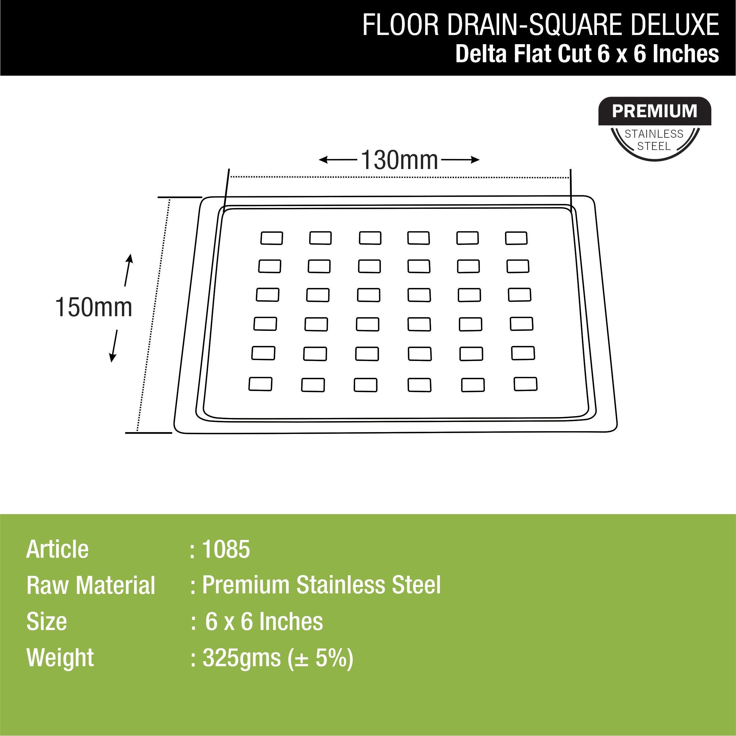 Delta Deluxe Square Flat Cut Floor Drain (6 x 6 Inches) dimensions and sizes