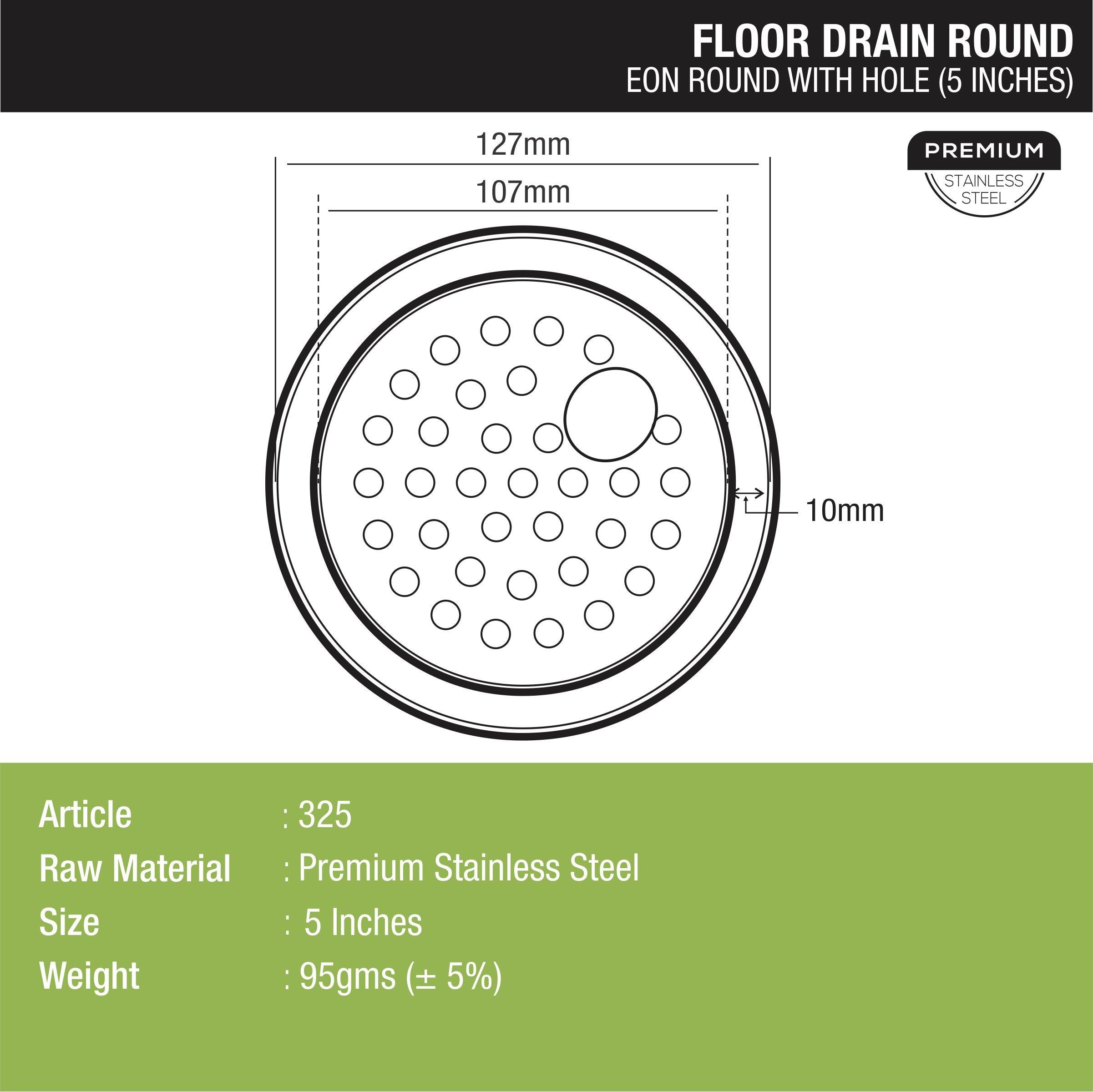 EON Round Floor Drain with Hole (5 inches) dimensions and sizes