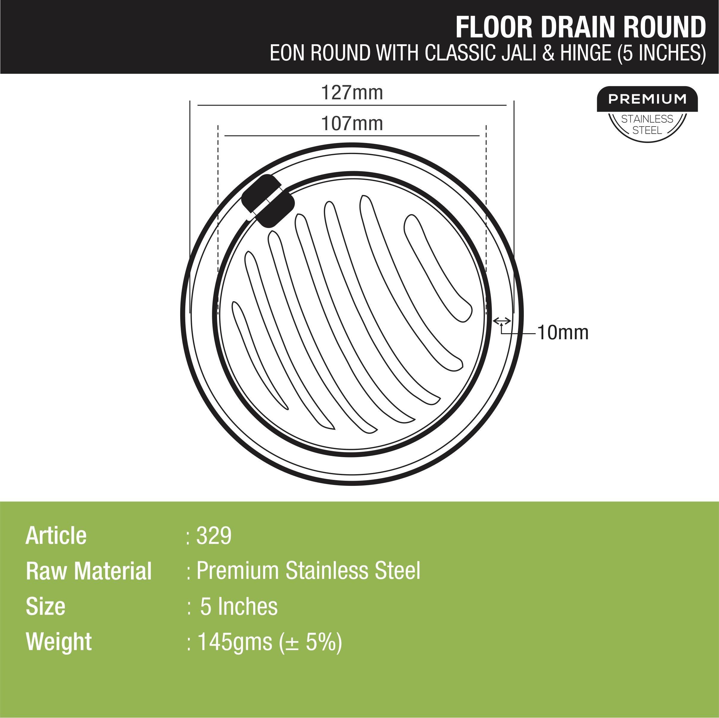 Eon Round Floor Drain with Classic Jali and Hinge (5 inches) dimensions and sizes