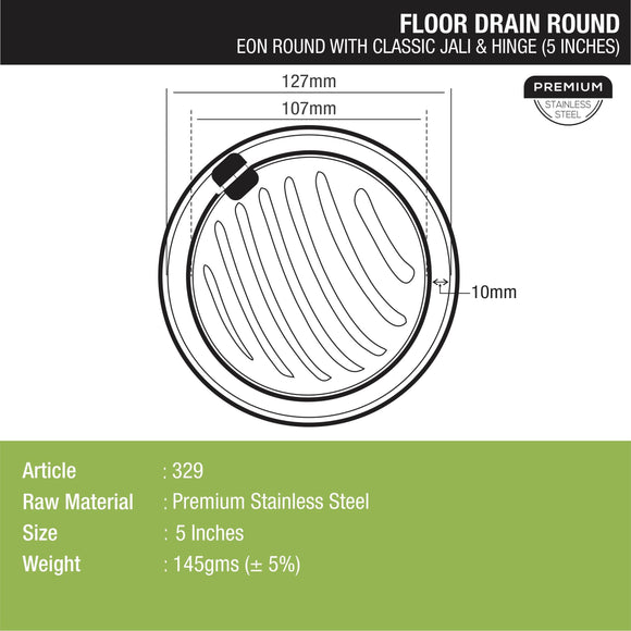 Eon Round Floor Drain with Classic Jali and Hinge (5 inches) - LIPKA - Lipka Home