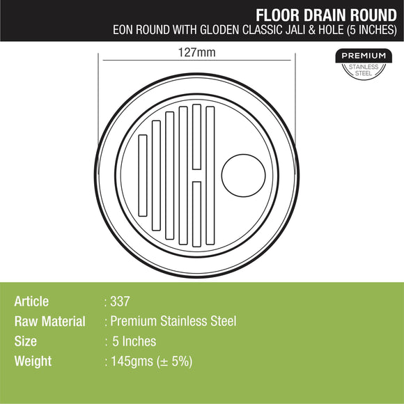 Eon Round Floor Drain with Golden Classic Jali & Hole (5 inches) - LIPKA - Lipka Home