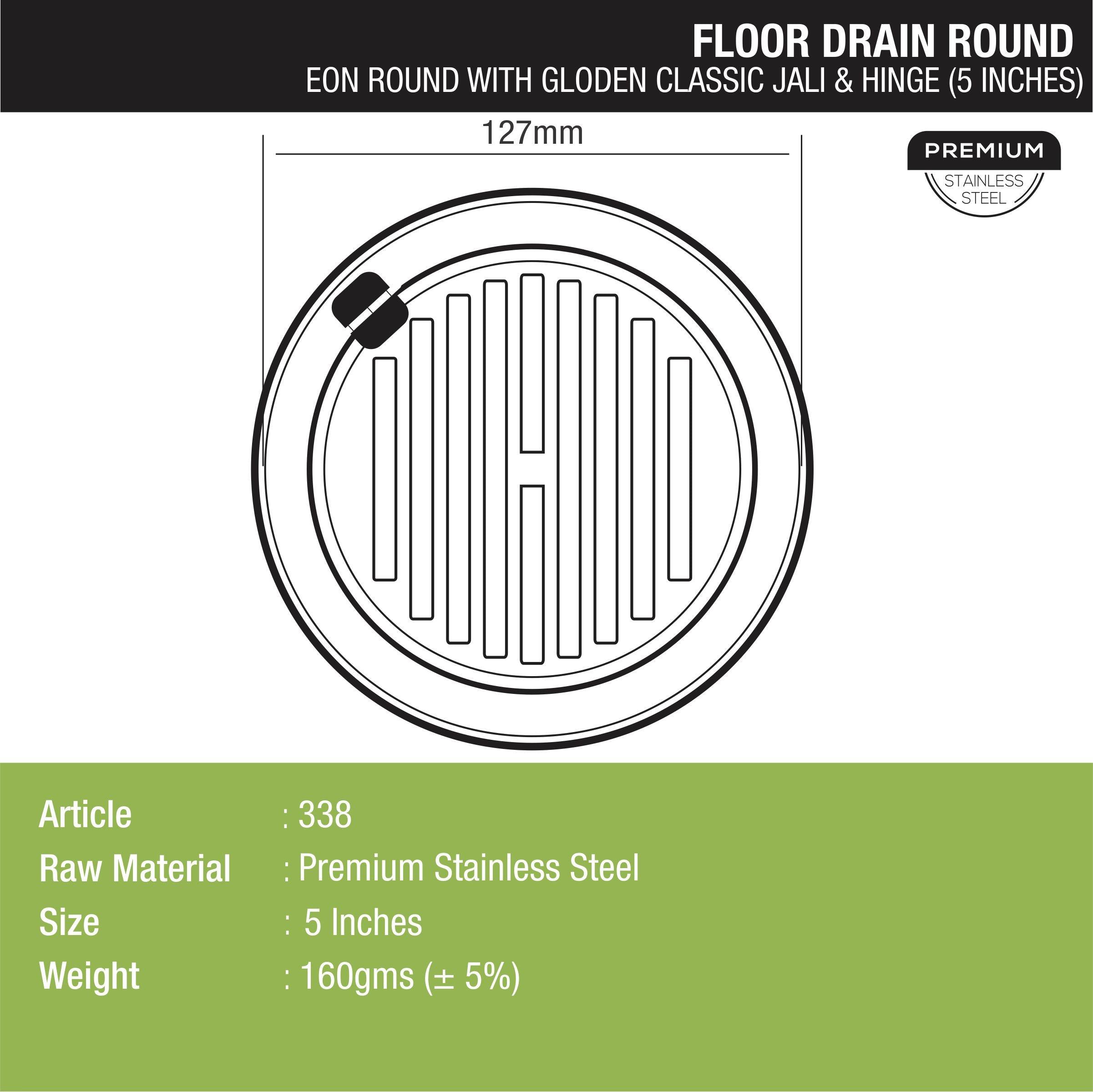 Eon Round Floor Drain with Golden Classic Jali & Hinge (5 inches) dimensions and sizes