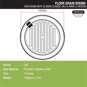 Eon Round Floor Drain with Golden Classic Jali & Hinge (5 inches) - LIPKA - Lipka Home