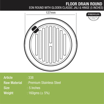 Eon Round Floor Drain with Golden Classic Jali & Hinge (5 inches) - LIPKA - Lipka Home