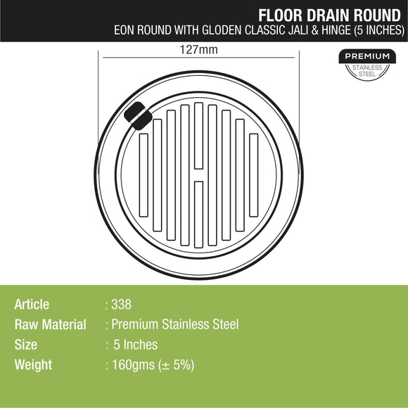 Eon Round Floor Drain with Golden Classic Jali & Hinge (5 inches) - LIPKA - Lipka Home