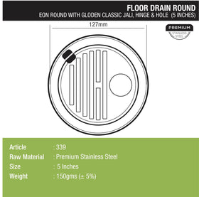 Eon Round Floor Drain with Golden Classic Jali, Hinge & Hole (5 inches) - LIPKA - Lipka Home