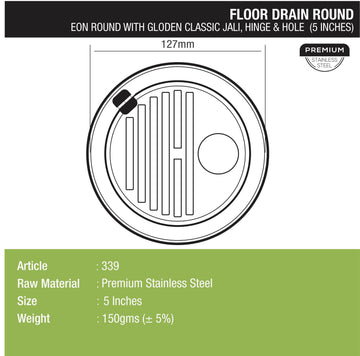 Eon Round Floor Drain with Golden Classic Jali, Hinge & Hole (5 inches) - LIPKA - Lipka Home