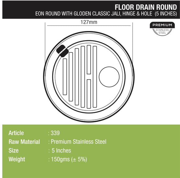 Eon Round Floor Drain with Golden Classic Jali, Hinge & Hole (5 inches) - LIPKA - Lipka Home